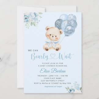 Invitación We Can Bearly Wait Blue Balloon Boy Baby Shower