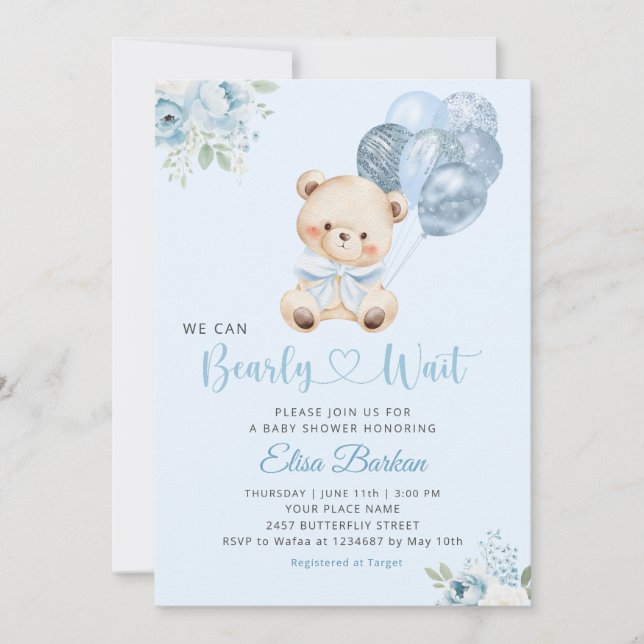 Invitación We Can Bearly Wait Blue Balloon Boy Baby Shower  (Anverso)
