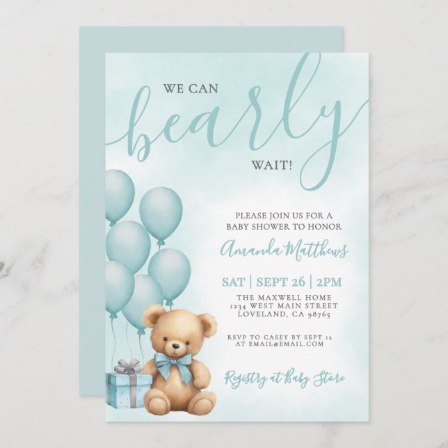 Invitación We Can Bearly Wait Blue Bear Baby Shower (Anverso / Reverso)