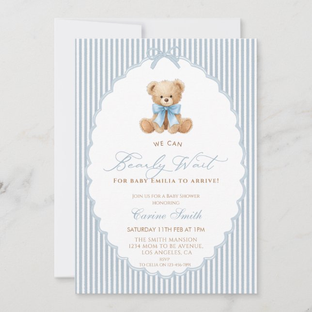 Invitación We Can Bearly Wait blue bow Boy Baby Shower (Anverso)