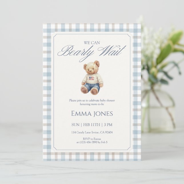 Invitación We Can Bearly Wait Blue Gingham baby shower (Anverso de pie)