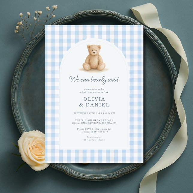 Invitación We Can Bearly Wait Blue Gingham Baby Shower (Subido por el creador)