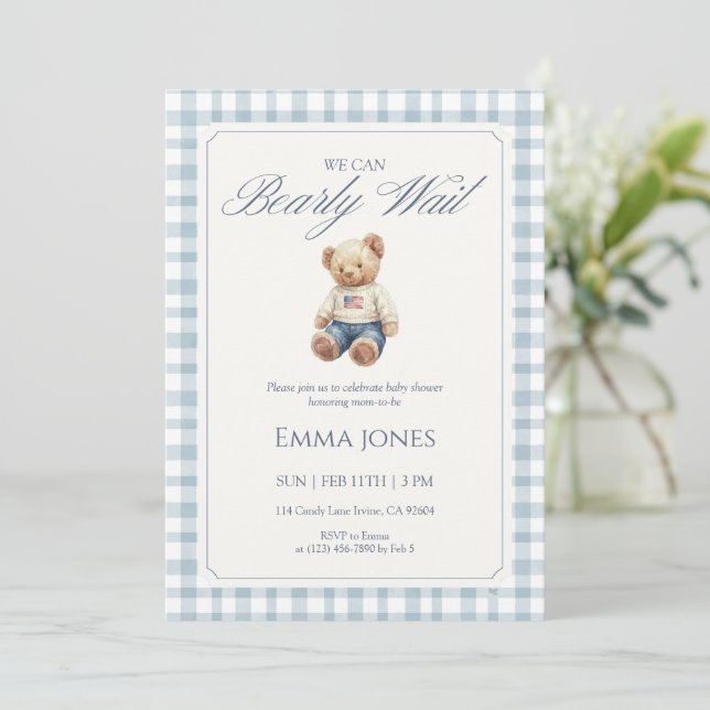 Invitación We Can Bearly Wait Blue Gingham pattern shower (Anverso de pie)
