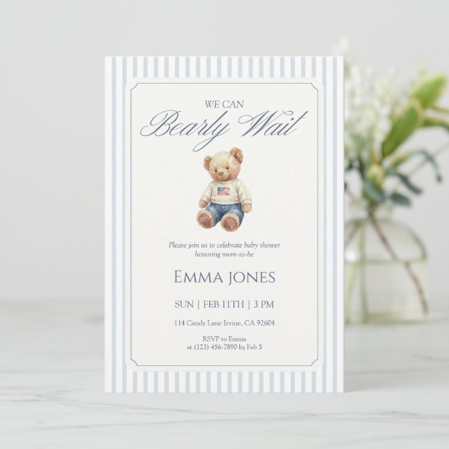 Invitación We Can Bearly Wait Blue stripe pattern shower (Anverso de pie)