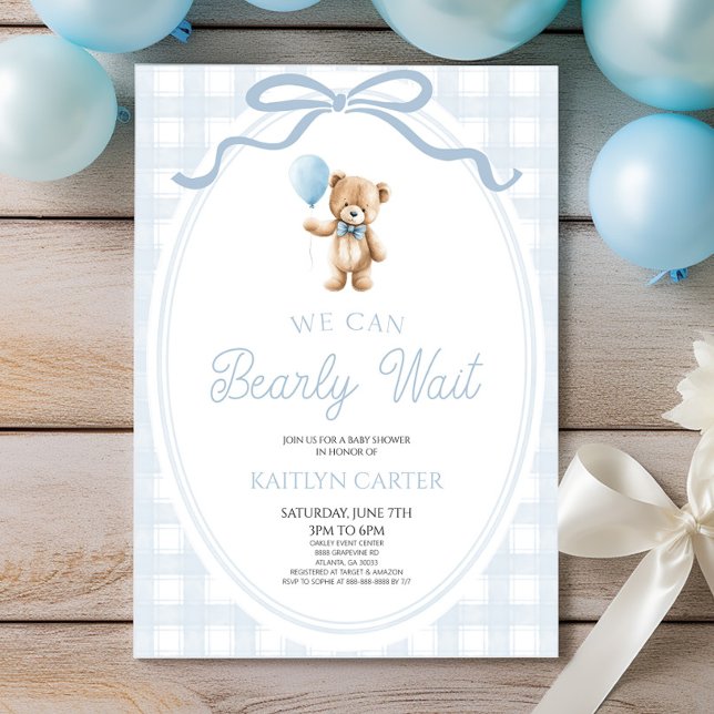 Invitación We Can Bearly Wait Blue Teddy Bear Baby Shower (Subido por el creador)