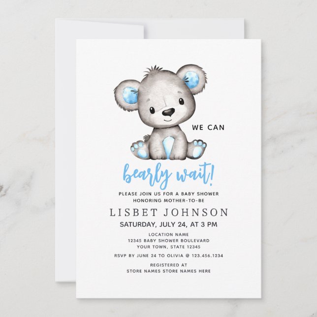Invitación We Can Bearly Wait Blue Teddy Bear Baby Shower (Anverso)