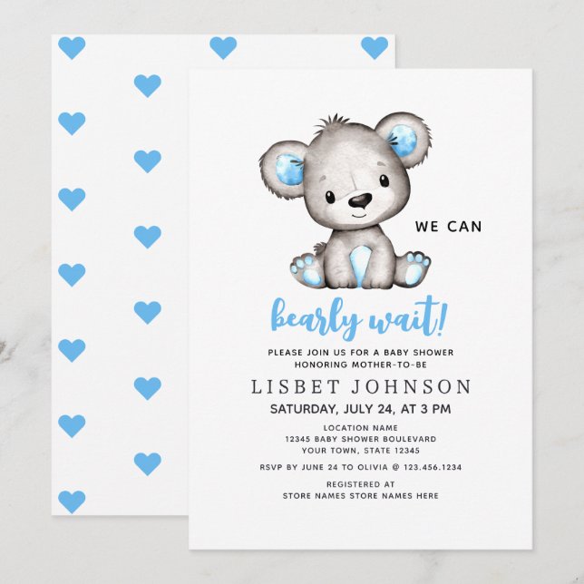 Invitación We Can Bearly Wait Blue Teddy Bear Baby Shower (Anverso / Reverso)