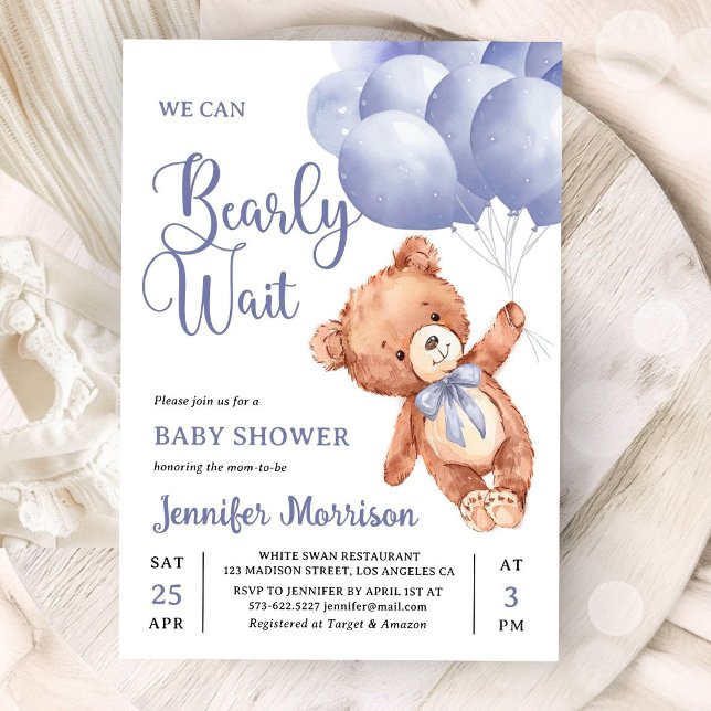 Invitación We Can Bearly Wait Boy Blue Teddy Bear Baby Shower (Subido por el creador)
