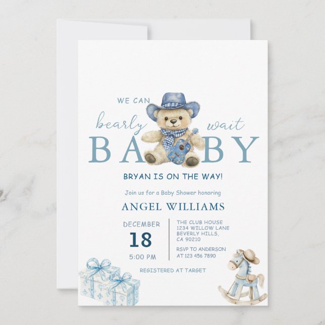 Invitación We Can Bearly Wait Cowboy Baby Shower (Anverso)