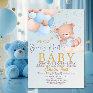 Invitación We Can Bearly Wait Cute Bear Boy Baby Shower