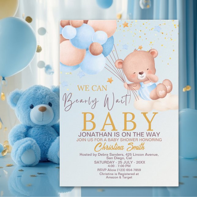 Invitación We Can Bearly Wait Cute Bear Boy Baby Shower (Subido por el creador)