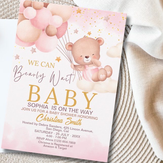 Invitación We Can Bearly Wait Cute Bear Girl Baby Shower (Subido por el creador)