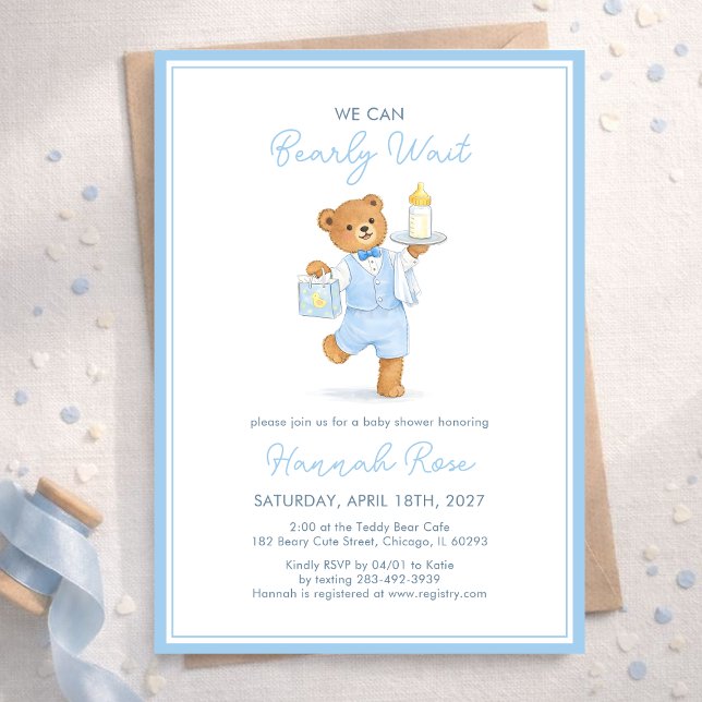 Invitación We Can Bearly Wait Cute Blue Boy Teddy Baby Shower (Subido por el creador)