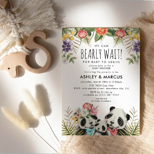 Invitación We Can Bearly Wait! Cute Panda Couple Baby Shower