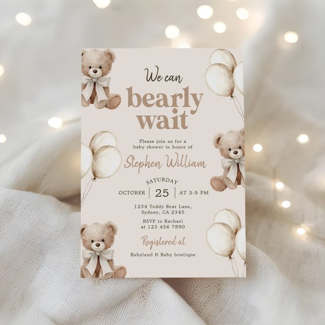 Invitación We Can Bearly Wait Elegant Teddy Bear Baby Shower (Subido por el creador)