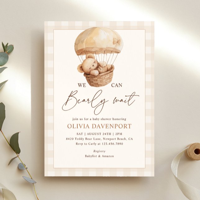 Invitación We Can Bearly Wait Gingham Teddy Bear Baby Shower (Subido por el creador)