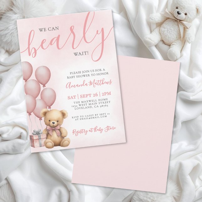 Invitación We Can Bearly Wait Girl Pink Bear Baby Shower (We Can Bearly Wait Girl Pink Bear Baby Shower Invitation )