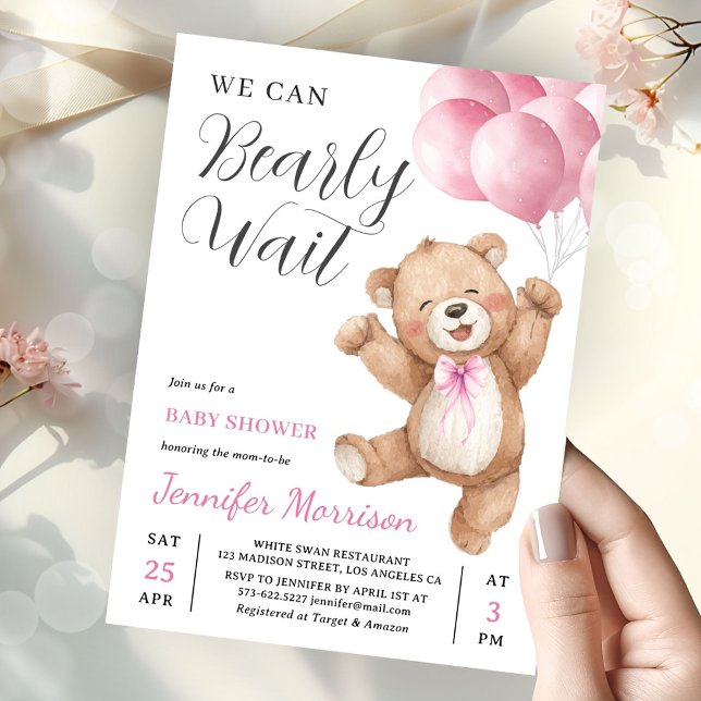 Invitación We Can Bearly Wait Girl Teddy Bear Baby Shower (Subido por el creador)