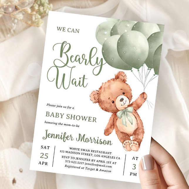 Invitación We Can Bearly Wait Green Teddy Bear Baby Shower (Subido por el creador)