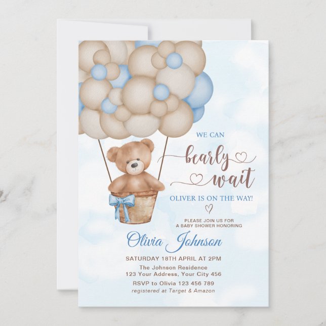 Invitación We Can Bearly Wait Hot Air Balloon Baby Shower (Anverso)