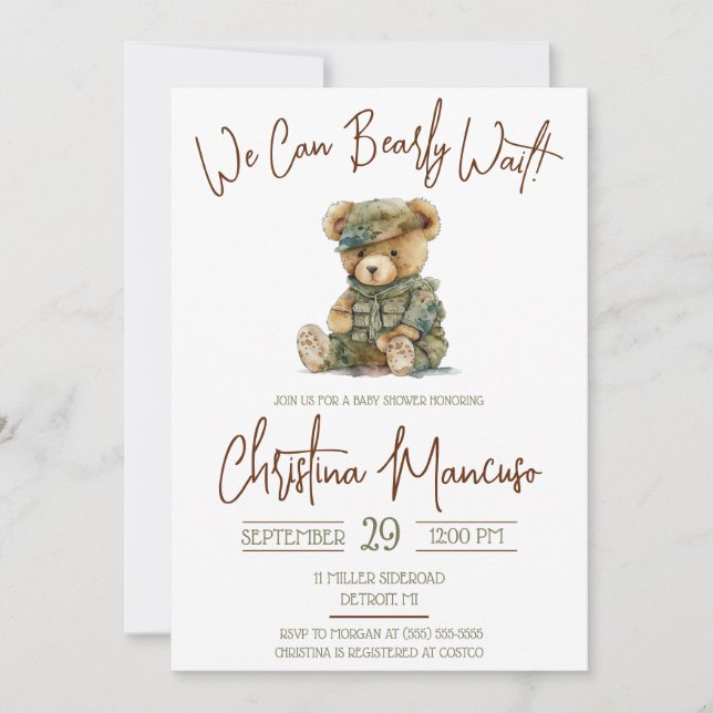 Invitación We Can Bearly Wait Military Teddy Bear Baby Shower (Anverso)