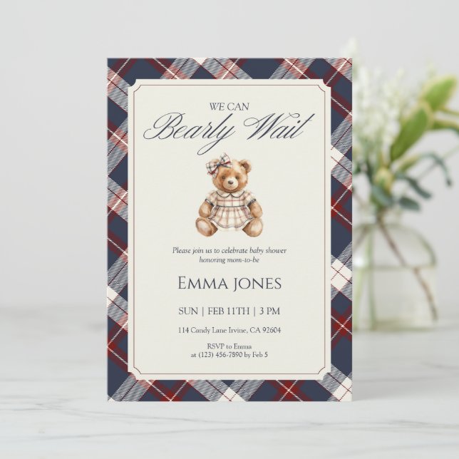 Invitación We Can Bearly Wait Navy Plaid Bear Baby Shower (Anverso de pie)