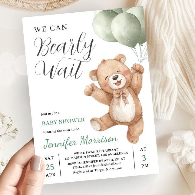 Invitación We Can Bearly Wait Neutral Teddy Bear Baby Shower (Subido por el creador)