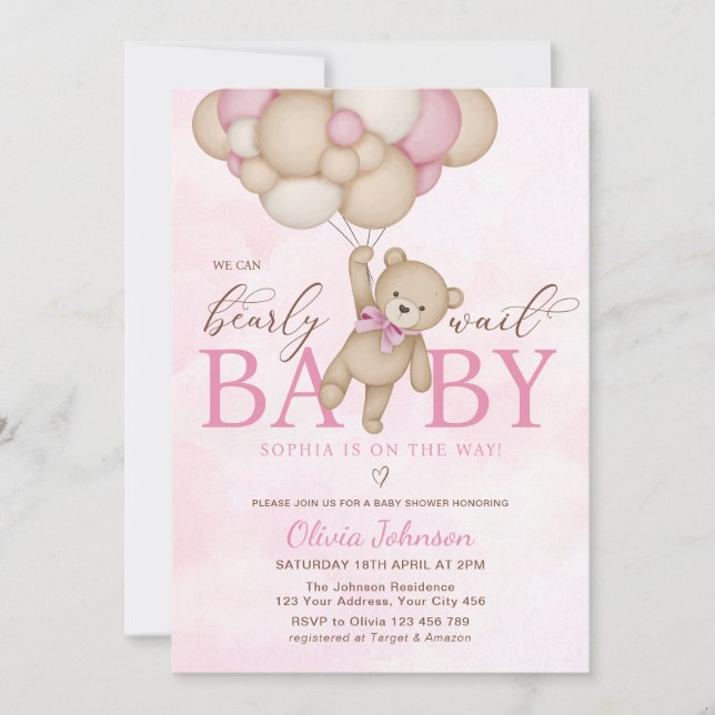 Invitación We Can Bearly Wait Pink Baby Shower (Anverso)