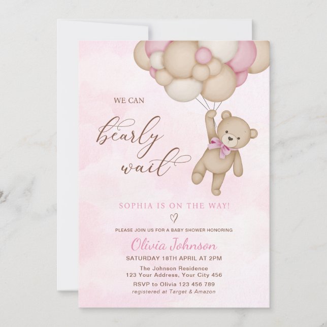 Invitación We Can Bearly Wait Pink Baby Shower (Anverso)