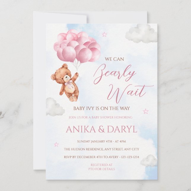 Invitación We Can Bearly Wait Pink Baby Shower Invitation (Anverso)