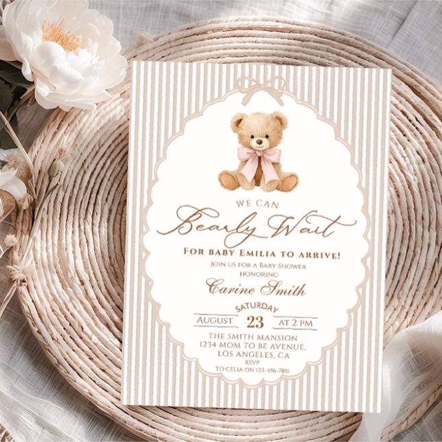 Invitación We Can Bearly Wait pink bow girl Baby Shower (Subido por el creador)