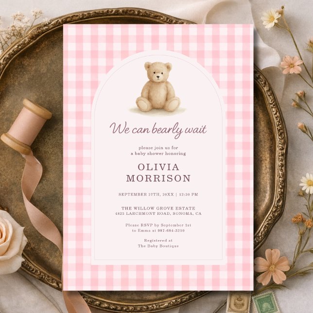 Invitación We Can Bearly Wait Pink Gingham Baby Shower (Subido por el creador)