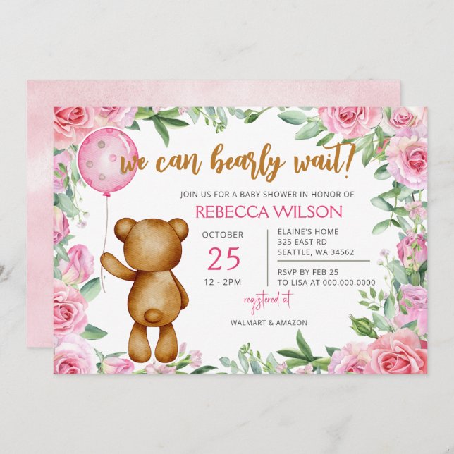 Invitación We Can Bearly Wait Pink Girl Baby Shower (Anverso / Reverso)
