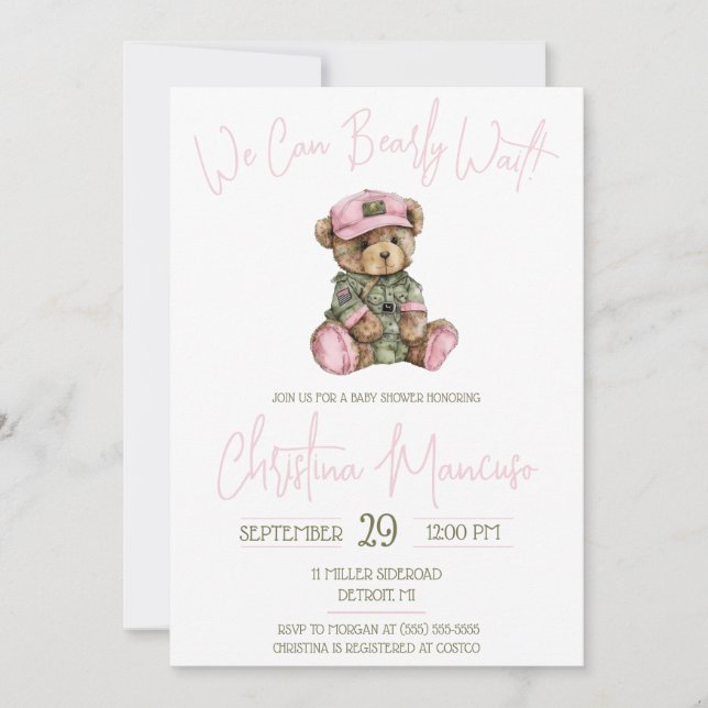 Invitación We Can Bearly Wait! Pink Military Bear Baby Shower (Anverso)