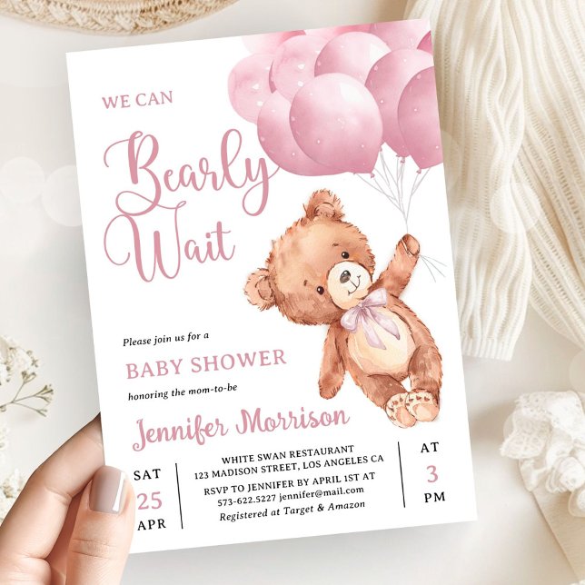Invitación We Can Bearly Wait Pink Teddy Bear Baby Shower (Subido por el creador)