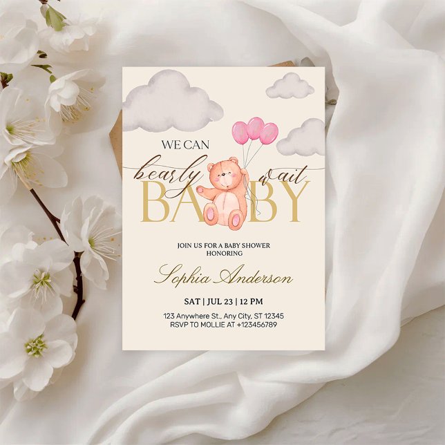 Invitación We Can Bearly Wait Pink Teddy Bear Baby Shower (Subido por el creador)