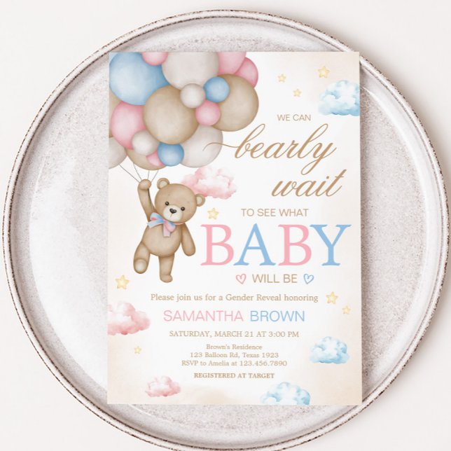 Invitación We Can Bearly Wait Revelación de Género  (Bear Balloon He or She Gender Reveal Invitation)
