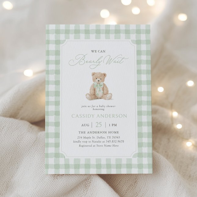 Invitación We Can Bearly Wait Sage Teddy Bear Baby Shower (Subido por el creador)
