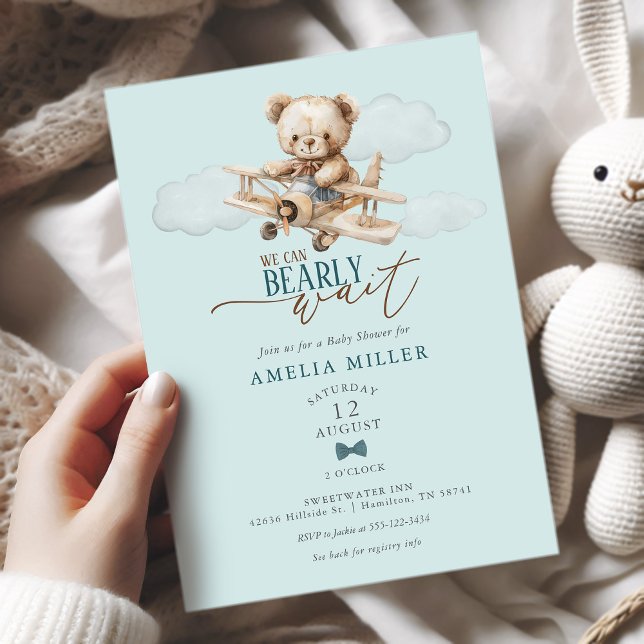 Invitación We Can Bearly Wait Teddy Airplane Blue Baby Shower (We Can Bearly Wait Teddy Airplane Blue Baby Shower Invitation)