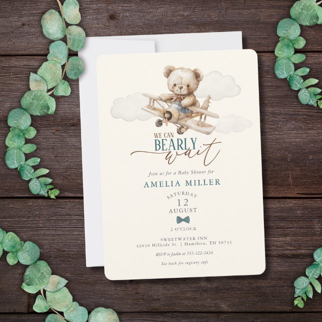 Invitación We Can Bearly Wait Teddy Bear Airplane Baby Shower (We Can Bearly Wait Teddy Bear Airplane Baby Shower Invitation)