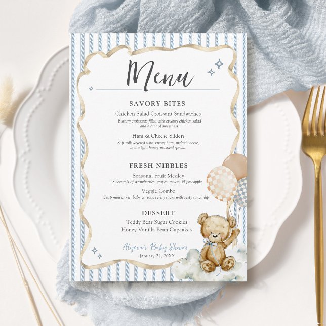 Invitación We Can Bearly Wait Teddy Bear Baby Boy Shower Menu (We Can Bearly Wait teddy bear watercolor blue bow & beige ribbon digital baby boy shower menu card)