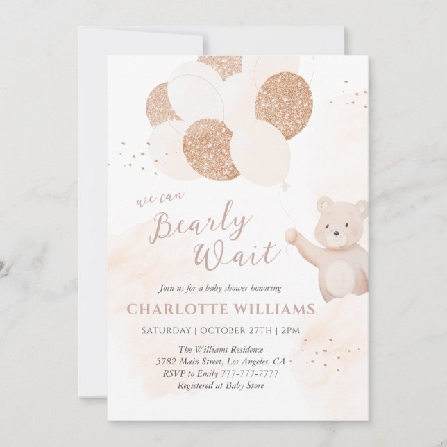 Invitación We Can Bearly Wait | Teddy Bear Baby Shower (Anverso)