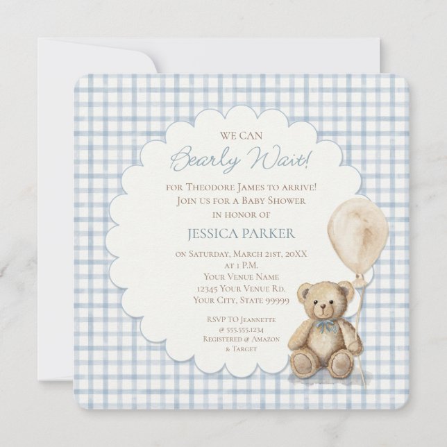Invitación We Can Bearly Wait Teddy Bear Baby Shower Boy  (Anverso)