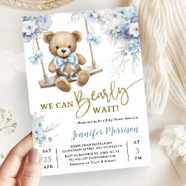 Invitación We Can Bearly Wait Teddy Bear Baby Shower Boy Blue