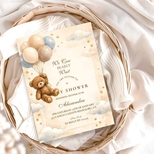 Invitación We Can Bearly Wait Teddy Bear Balloon Baby Shower (Subido por el creador)
