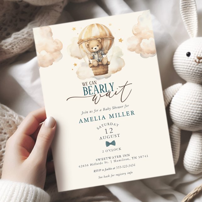 Invitación We Can Bearly Wait Teddy Bear Balloon Baby Shower (We Can Bearly Wait Teddy Bear Hot Air Balloon Baby Boy Shower Invitation)