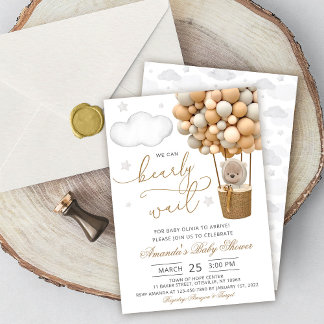 Invitación We Can Bearly Wait Teddy Bear Balloon Baby Shower
