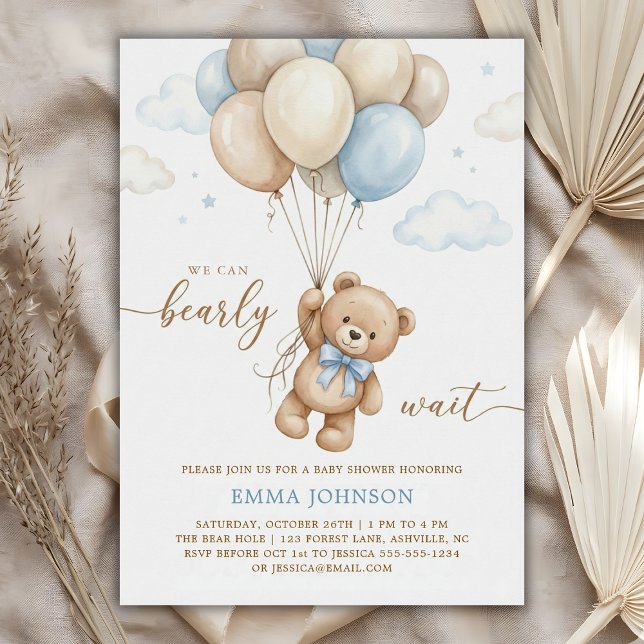 Invitación We Can Bearly Wait Teddy Bear Balloon Baby Shower (We Can Bearly Wait Teddy Bear Balloon Baby Shower Invitation)