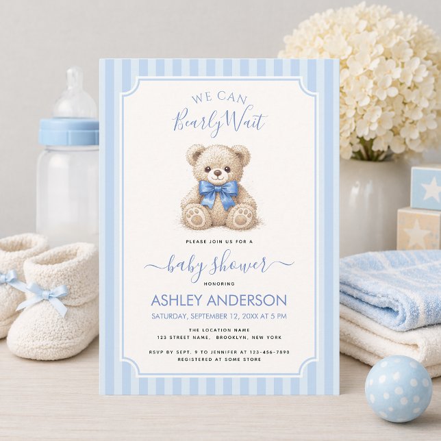 Invitación We Can Bearly Wait Teddy Bear Blue Bow Baby Shower (Subido por el creador)
