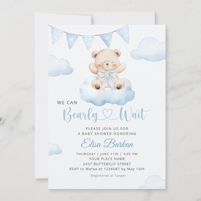Invitación We Can Bearly Wait Teddy Bear Boy Baby Shower (Anverso)